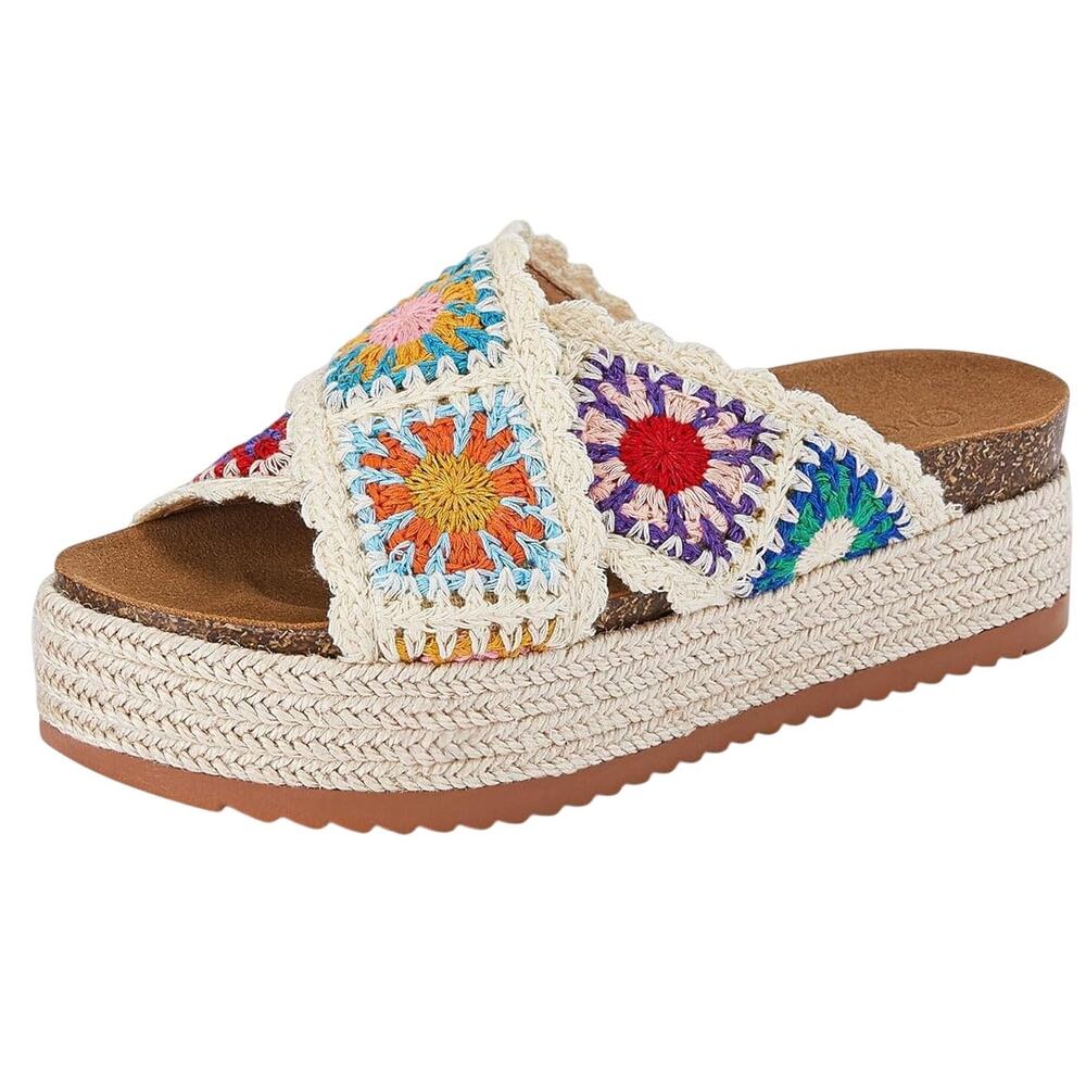 Coutgo Womens Platform Open Toe Sandals in Floral Crochet, Size 7.5